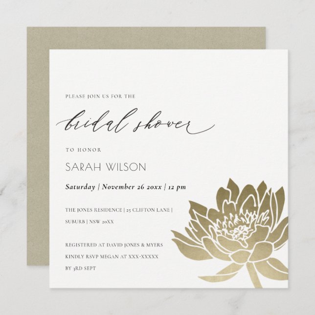 GLAMOROUS GOLD WHITE LOTUS FLORAL BRAUTPARTY EINLADUNG (Vorne/Hinten)