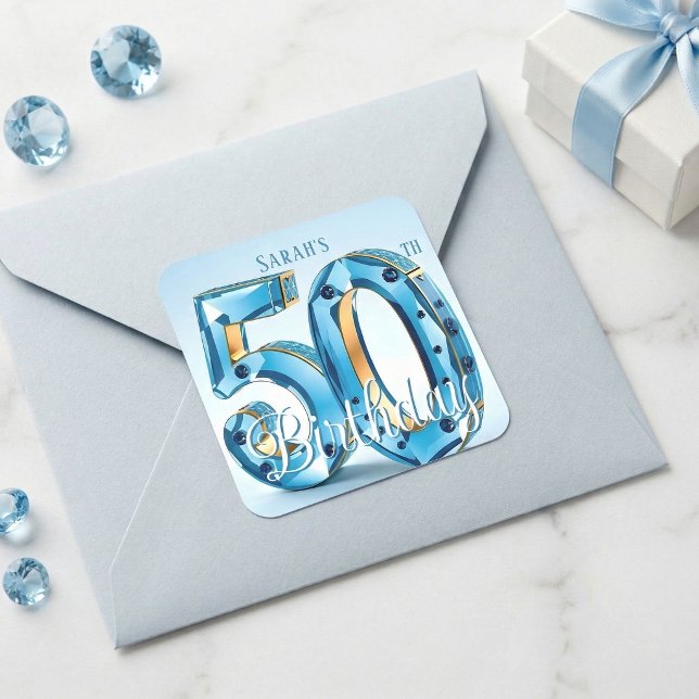 Glamorous Light Blue Jewel 50th Birthday Quadratischer Aufkleber (Von Creator hochgeladen)