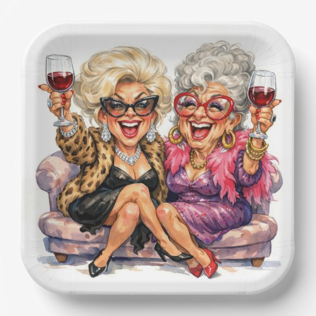 Glamorous Old Ladies With Red Wine Pappteller (Vorderseite)