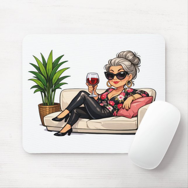 Glamorous Old Lady With Wine Mousepad (Mit Mouse)