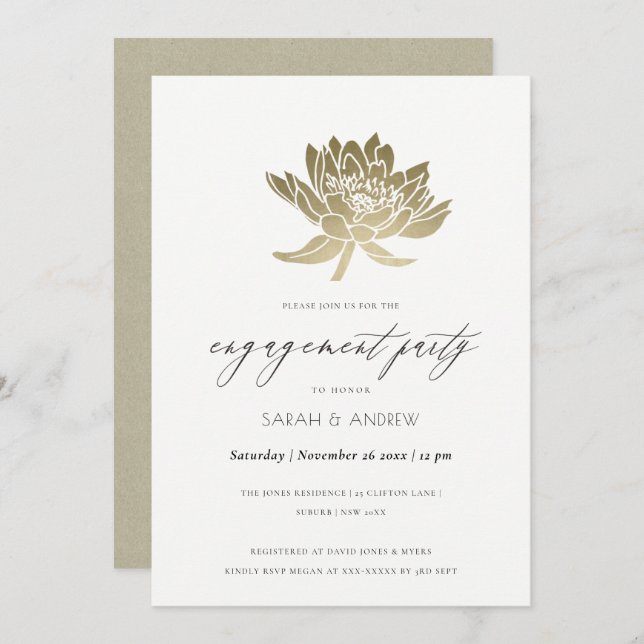 GLAMOROUS PALE GOLD WHITE KRAFT LOTUS VERLOBUNG EINLADUNG (Vorne/Hinten)
