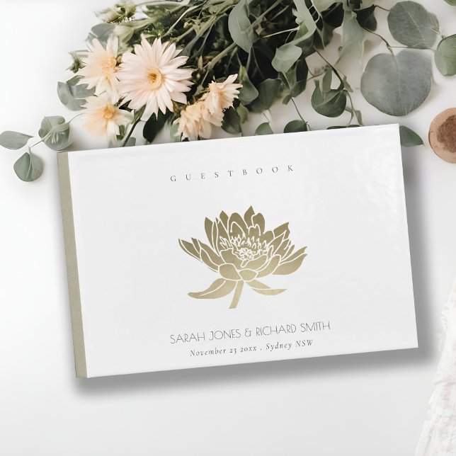 GLAMOROUS PALE GOLD WHITE LOTUS FLORAL MONOGRAMM GÄSTEBUCH (Von Creator hochgeladen)