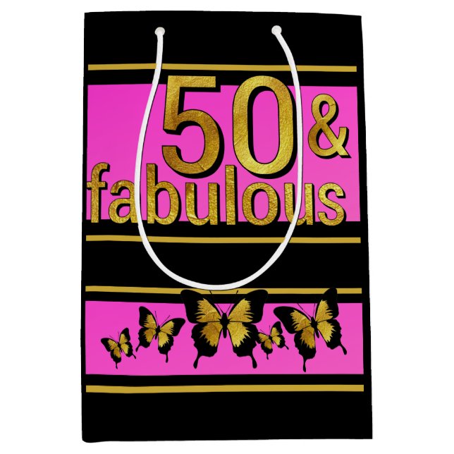 GLAMOROUS PINK BLACK GOLDEN FABULOUS 5O BUTTERFLY MITTLERE GESCHENKTÜTE (Vorderseite)