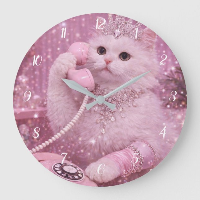 Glamorous Princess Cat Using Telephone             Große Wanduhr (Vorderseite)