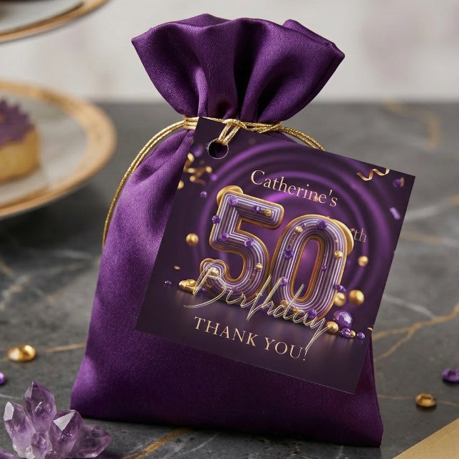 Glamorous Purple and Gold 50th Birthday Thank You Geschenkanhänger (Von Creator hochgeladen)