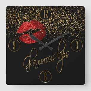 Glamorous Red Lips and Gold Confetti Quadratische Wanduhr