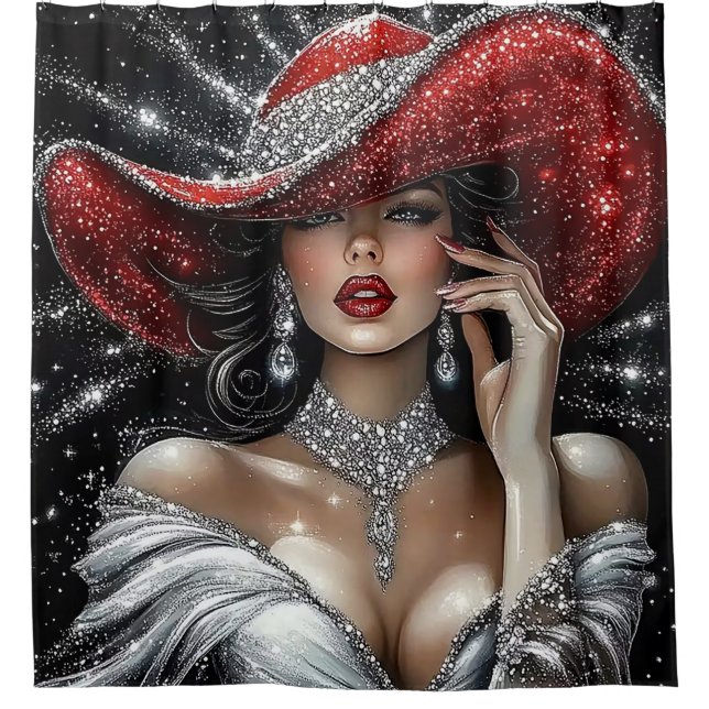 Glamorous Sparkle Lady in Red Hat Duschvorhang (Vorderseite)
