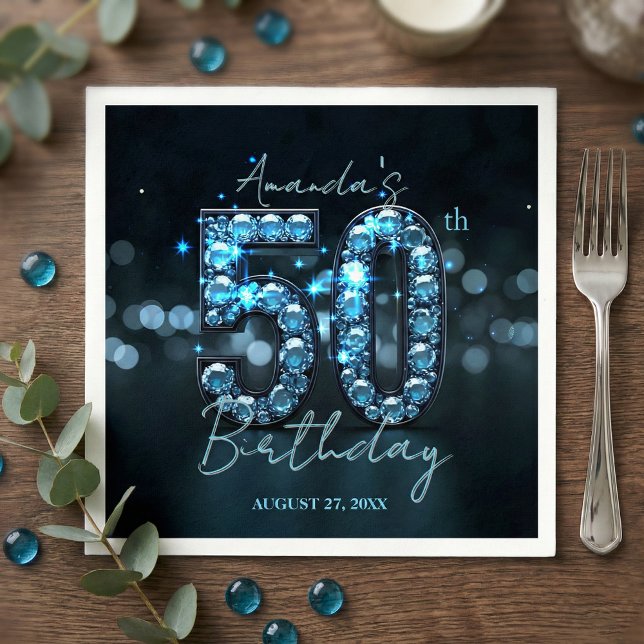 Glamorous Sparkly Teal Blue Diamonds 50th Birthday Serviette (Von Creator hochgeladen)