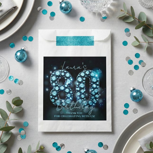 Glamorous Teal Blue Diamonds Black 80th Birthday Geschenktütchen (Von Creator hochgeladen)