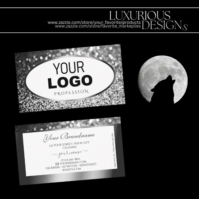 Glamorous White Silver Sparkle Glitter with Logo Visitenkarte (Von Creator hochgeladen)