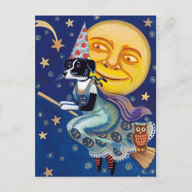 Glamorous Witch rides the Halloween Skies Postkarte (Vorderseite)
