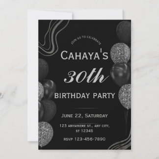 Glamour 30. Geburtstag Black Silver Glitzy Einladung