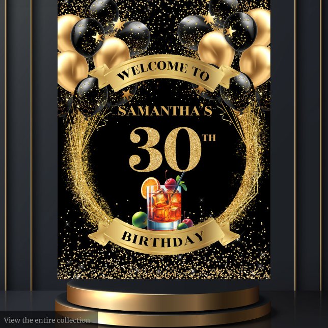 Glamour 30. Geburtstag Whiskey Black Gold Display Wandteppich (Glamorous 30th Birthday Whiskey Black Gold Display)