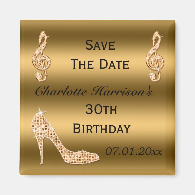Glamour 30. Save the Date Gold Stiletto Magnet (Vorne)