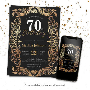 Glamour 70. Geburtstag Gold Black Boho Elegant Einladung