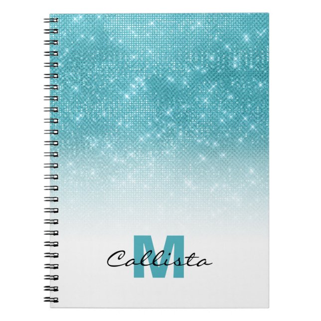 Glamour Aqua Blue Glitzer Sequin Ombre Monogram Notizblock (Vorderseite)