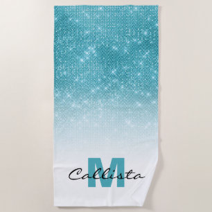 Glamour Aqua Blue Glitzer Sequin Ombre Monogram Strandtuch