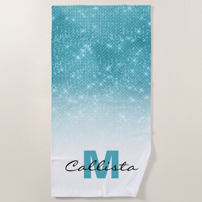 Glamour Aqua Blue Glitzer Sequin Ombre Monogram Strandtuch (Vorderseite)