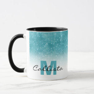 Glamour Aqua Blue Glitzer Sequin Ombre Monogram Tasse