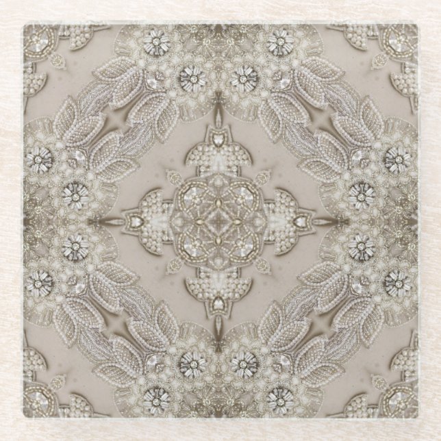 Glamour beige Kristall Blumenzunge Glasuntersetzer (Vorderseite)