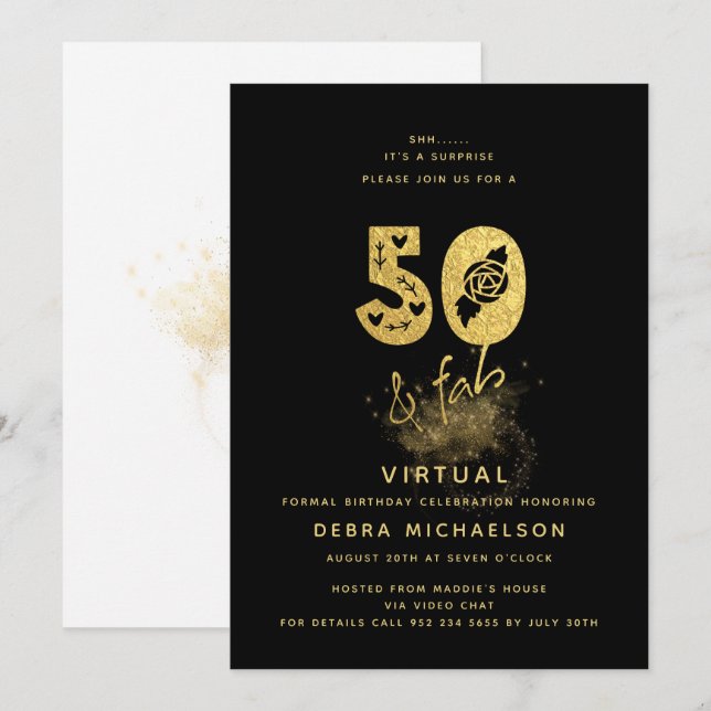 Glamour Black and Gold 50 & Fab Virtual Birthday Einladung (Vorne/Hinten)