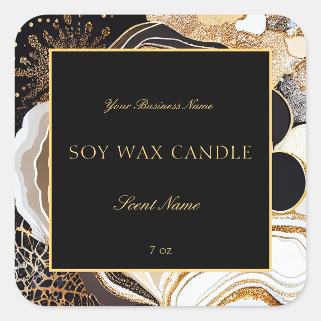 Glamour Black and Gold Abstrakt Marbour Agate Quadratischer Aufkleber (Vorderseite)