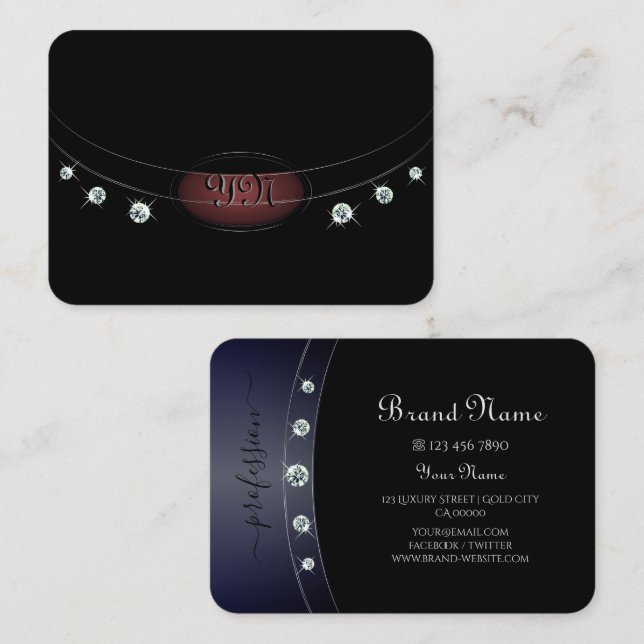 Glamour Black and Silver mit Monogram Diamonds Visitenkarte (Vorne/Hinten)