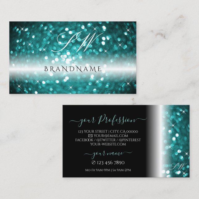 Glamour Black Aquamarin Sparkling Glitzer Initials Visitenkarte (Vorne/Hinten)