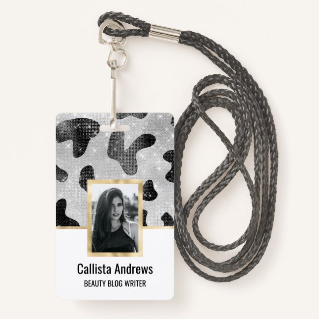 Glamour Black Funkelnd Glitzer Sequins Kuh Printin Ausweis (Vorderseite mit Schlüsselband)