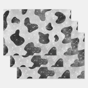 Glamour Black Funkelnd Glitzer Sequins Kuh Printin Geschenkpapier Set