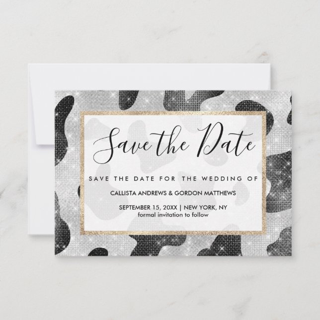 Glamour Black Funkelnd Glitzer Sequins Kuh Printin Save The Date (Vorderseite)