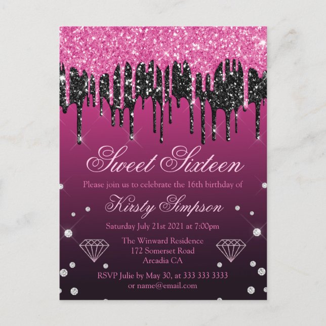 Glamour Black & Pink Dripping Glitzer Sweet 16 Postkarte (Vorderseite)