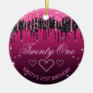 Glamour Black & Pink Driving Glitzer Geburtstag Keramik Ornament