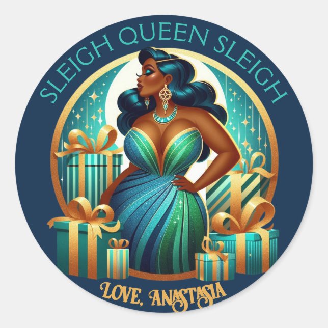 Glamour Black Woman Festive Stilvolle Weihnachten Runder Aufkleber (Vorderseite)