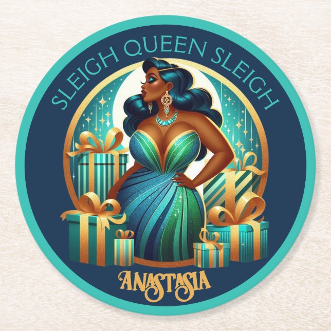 Glamour Black Woman Festive Stilvolle Weihnachten Runder Pappuntersetzer (Vorderseite)