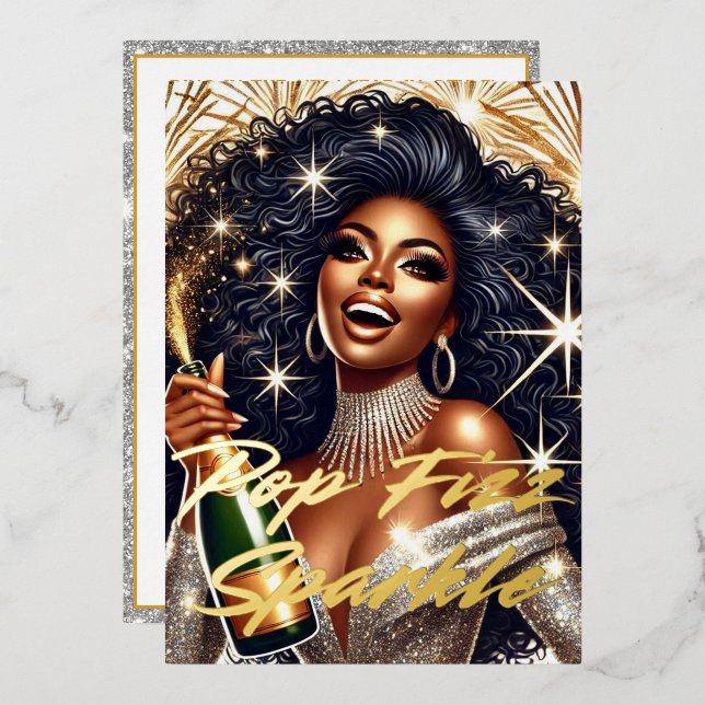 Glamour Black Woman Popping Champagne NYE Party Folieneinladung (Vorderseite/Rückseite)