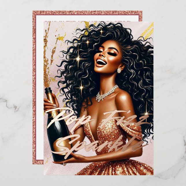 Glamour Black Woman Popping Champagne NYE Party Folieneinladung (Vorderseite/Rückseite)
