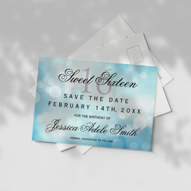 Glamour Blue Glitzer Sweet 16 Save the Date Postkarte (Von Creator hochgeladen)
