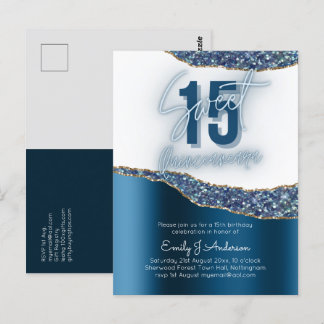 Glamour Blue Silver Foil Glitzer Quinceanera 15. Postkarte