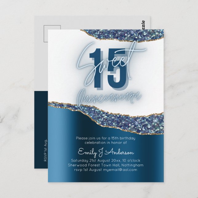 Glamour Blue Silver Foil Glitzer Quinceanera 15. Postkarte (Vorne/Hinten)