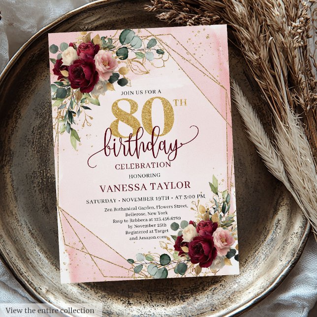 Glamour boho marsala gold Blume 80. Geburtstag Einladung (Glamorous boho marsala gold flowers 80th birthday invite

)