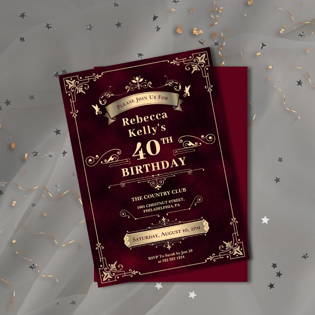 Glamour Burgundy Gold Meilenstein Age Birthday Einladung (Glamorous Burgundy Gold Milestone Age Birthday Invitation)