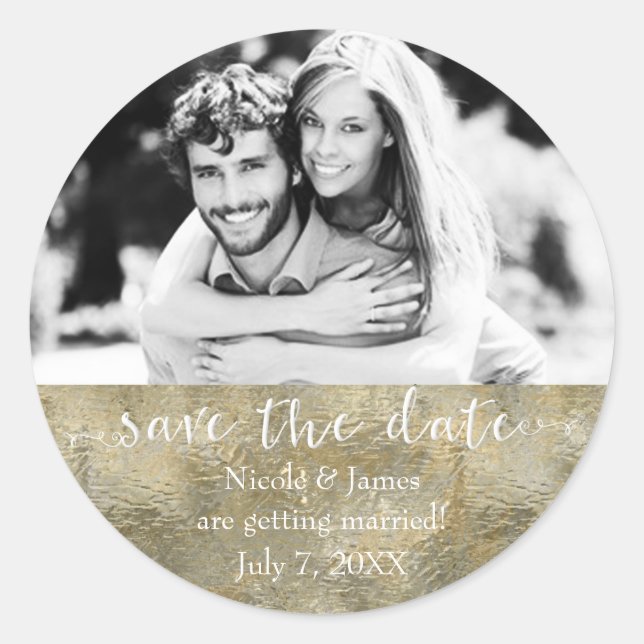 Glamour Chic Gold Imitats Save the Date Foto Runder Aufkleber (Vorderseite)
