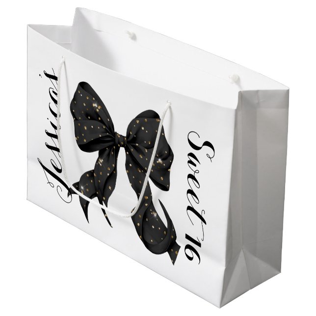 Glamour Coquette Black/Gold Bogen Große Geschenktüte (Vorderseite Schrägansicht)