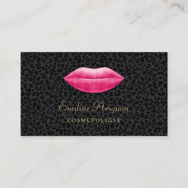 Glamour Cosmetologin Black Leopard Pink Lips Visitenkarte (Vorderseite)