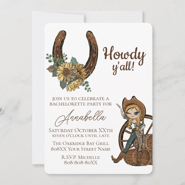 Glamour Country Western Cowgirl Bachelorette Einladung (Vorderseite)