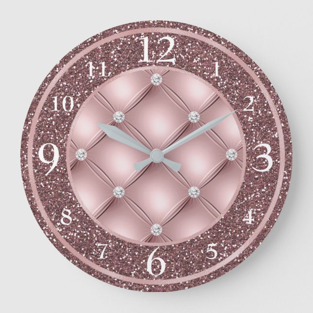 Glamour Dark Blush Pink Glitzer und Diamonds Große Wanduhr (Vorderseite)