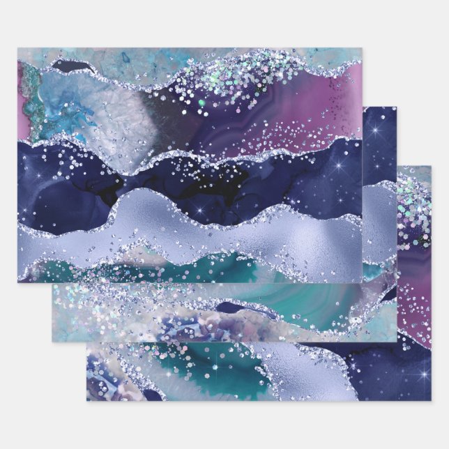 Glamour Dark & Light Blue Imitats Glitzer Agate Geschenkpapier Set (Set)