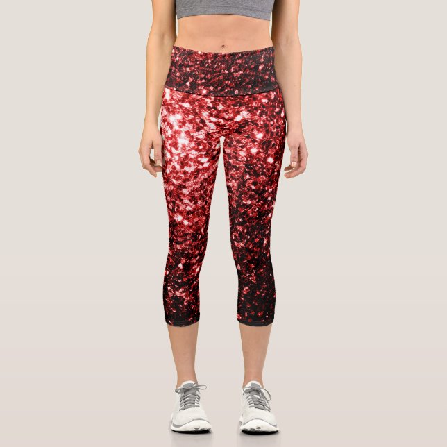 Glamour Dark Red Glitzer Glitzern Capri Leggings (Vorderseite)