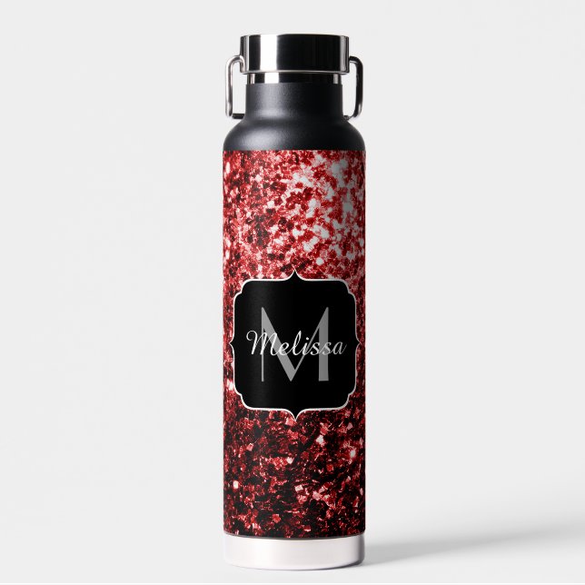 Glamour Dark Red Glitzer Glitzern Monogram Trinkflasche (Vorne)
